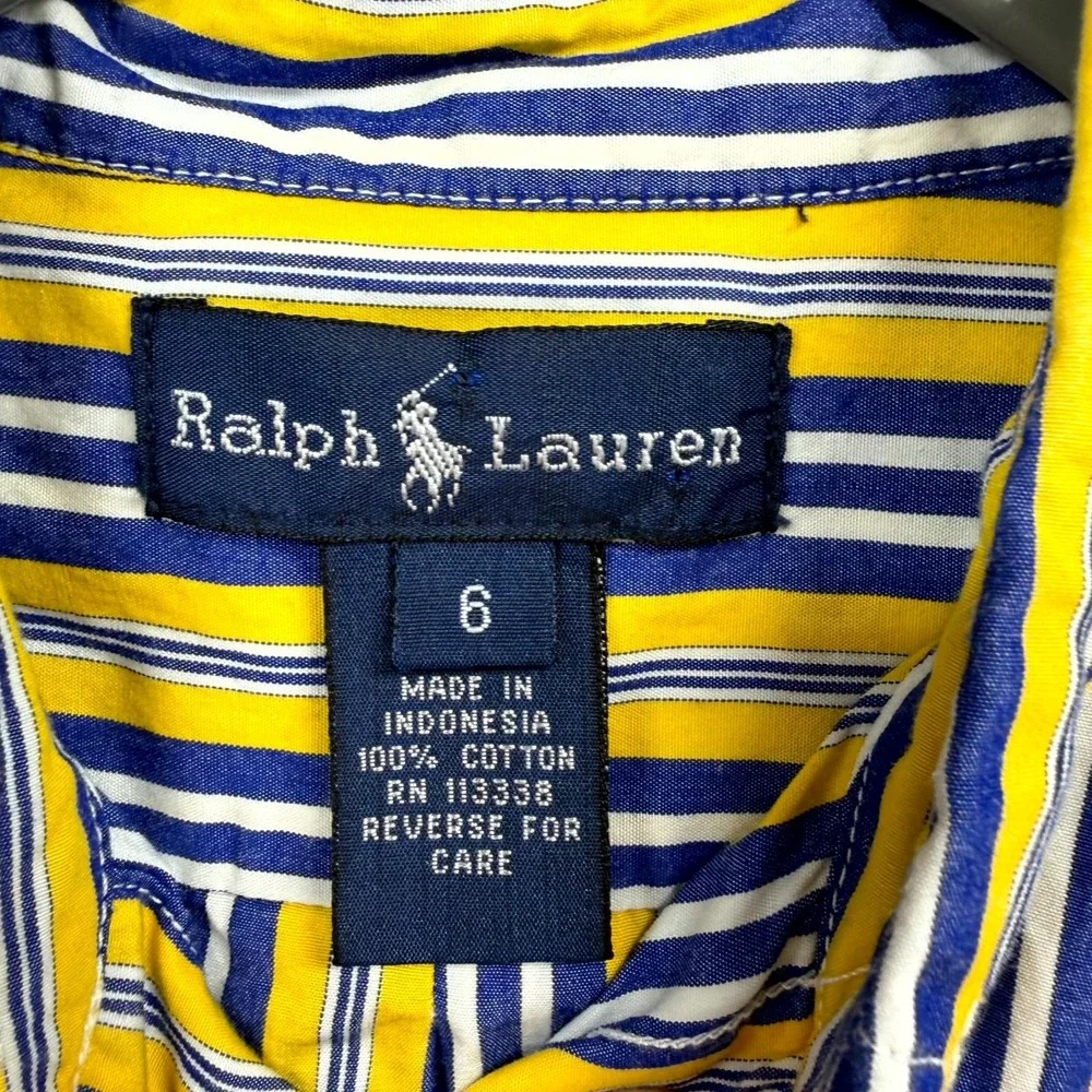 Ralph Lauren Casual Shirt Boys 6 Blue Yellow Striped Pony Oxford Button Down
